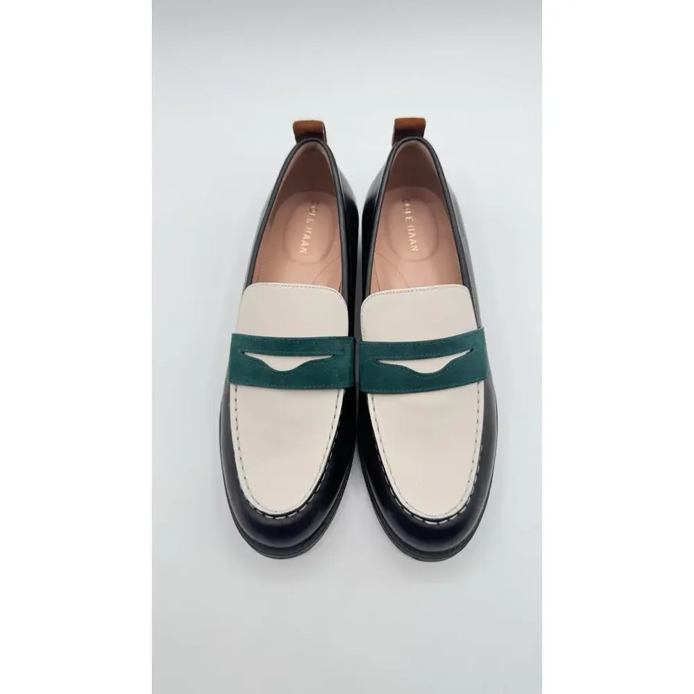 Cole Haan Shoes Womens Size 8 Navy White Green Leather Stassi Penny Loafers